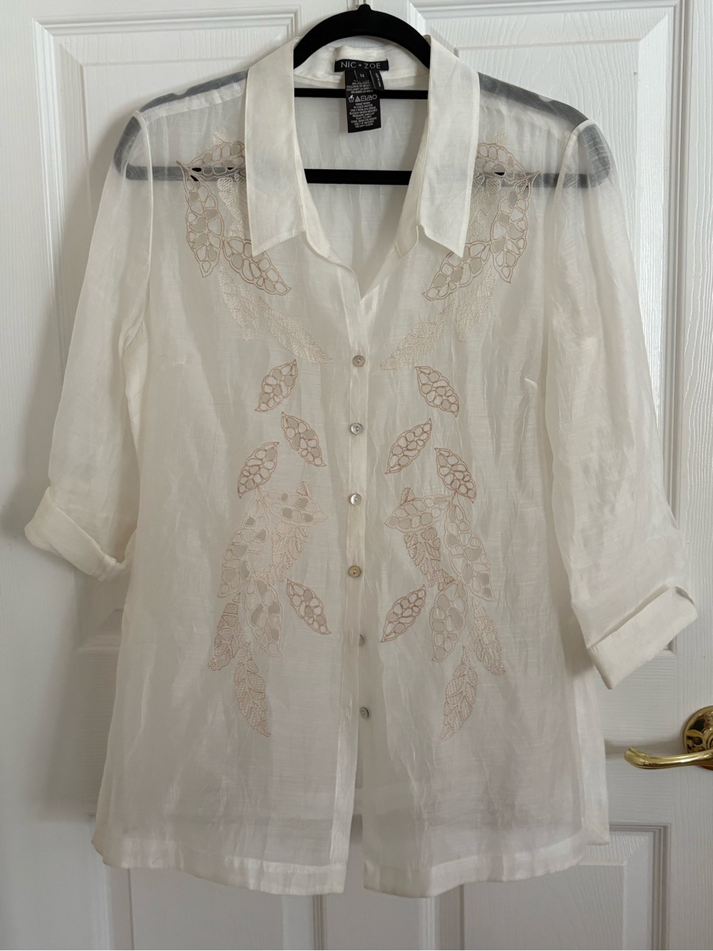 NIC+ZOE Ivory Sheer Embroidered Button-Down Shirt